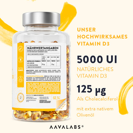 Vitamin D3 High Dose Depot 5000 IU 365 Capsules - Vitamin D3 5000 IU with cold-pressed extra virgin olive oil for optimal absorption - Vitamin D High Dose Non-GMO, gluten-free, lactose-free