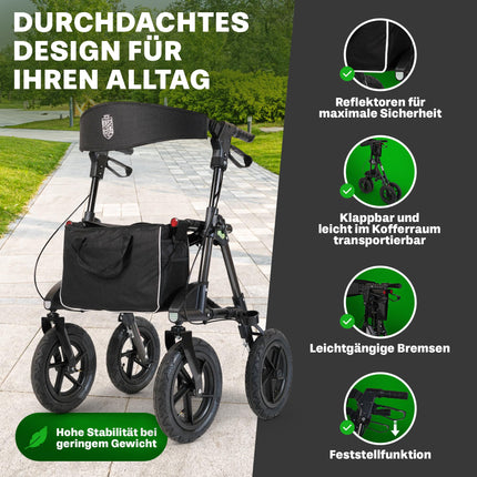 Outdoor rollator with pneumatic tires, a comfortable seat, and backrest—rugged, lightweight, and foldable. The affordable all-terrain rollator in titanium black.