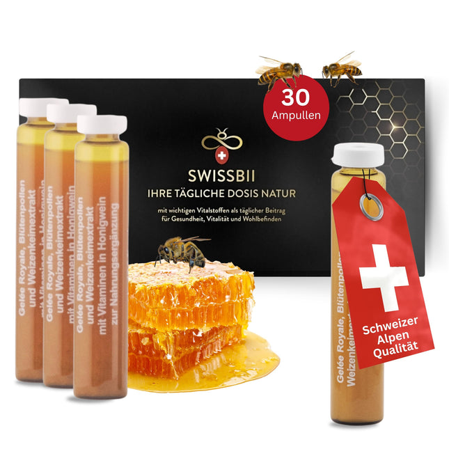 SwissBii Royal Jelly Ampoules Monthly Supply – 100% Pure, Natural &amp; High-Quality Vitamins. To Support Energy, Immunity, and Skin Health – with Honey Wine