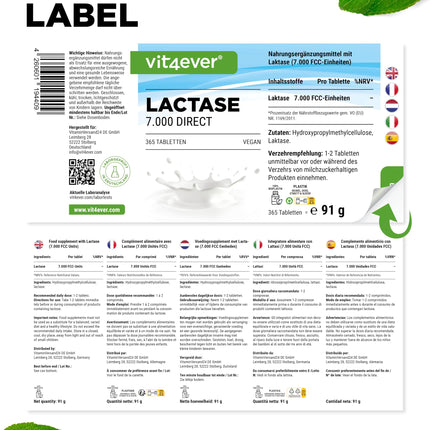 Lactase 7,000-365 Tablets with immediate effect - High dosage with 7,000 FCC units - For lactose intolerance and milk intolerance - No unwanted additives - Laboratory-tested - Vegan