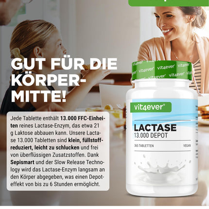Lactase 13,000 Depot - 365 tablets with depot effect (Sepismart® Slow Release) - High dosage with 13,000 FCC units - For lactose and milk intolerance - No unwanted additives