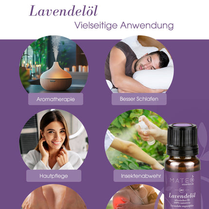 MateoEssentialOils – 100% Pure and Natural Lavender Oil (Lavandula angustifolia) – Organic, Gentle Fragrance – Ideal for Aromatherapy, Skin Care &amp; Relaxation – 10 ml.