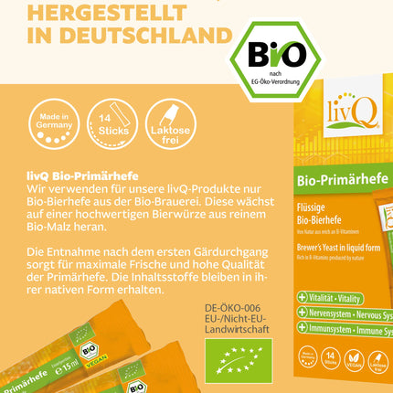 livQ Organic Primary Yeast Pure - Superfood Immune Booster Liquid, Organic Brewer's Yeast from Primary Fermentation with B Vitamins, Refreshing, Vegan &amp; Lactose-Free | 210ml