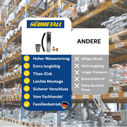 SÜDMETALL - 3-in-1 zinc rainwater collector &amp; leaf collector 100 mm complete system - Extremely high water yield approx. 95% - Combination for downpipe/drain pipe consisting of water collector, rain pipe flap &amp; leaf catcher