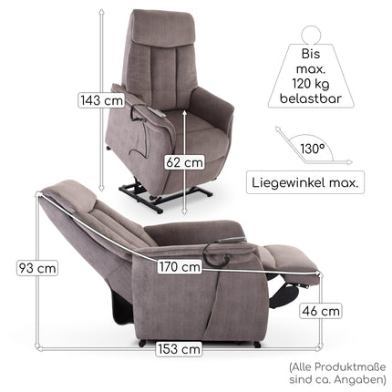 Raburg TV chair with stand-up aid, recliner chair with reclining function, electric with remote control, 2 motors, pocket spring core/comfort upholstery, up to 120 kg, microfiber, Emma, ​​silk grey