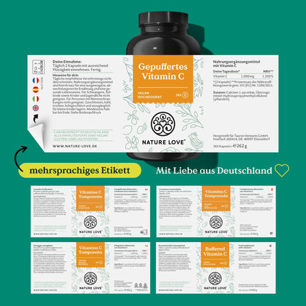 NATURE LOVE® Buffered Vitamin C - Highly dosed with 1000mg of vitamin C per daily dose - 365 capsules - pH-neutral &amp; well tolerated - Vegan