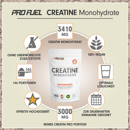Creatine Monohydrate Powder 500g - Creatine monohydrate in micronized quality with optimal high dosage - pure, without additives, 100% vegan - for 146 applications