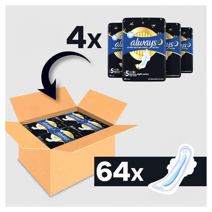 Always Ultra Women's Pads Size 5, Secure Night Extra, 64 sanitary pads with wings (4 x 16 pads) multipack, thin and super absorbent, odor-neutralizing and leak-proof