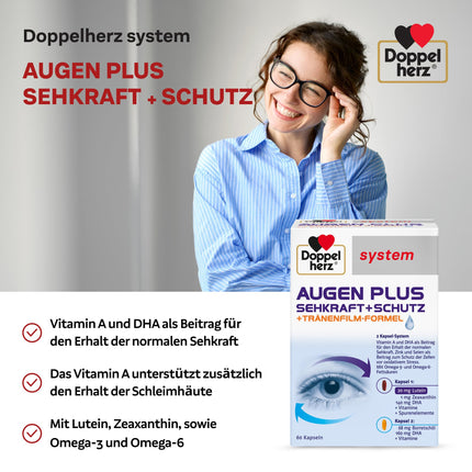 Doppelherz system EYES PLUS VISION + PROTECTION – With vitamin A and the omega-3 fatty acid DHA to contribute to the maintenance of normal vision – 60 capsules