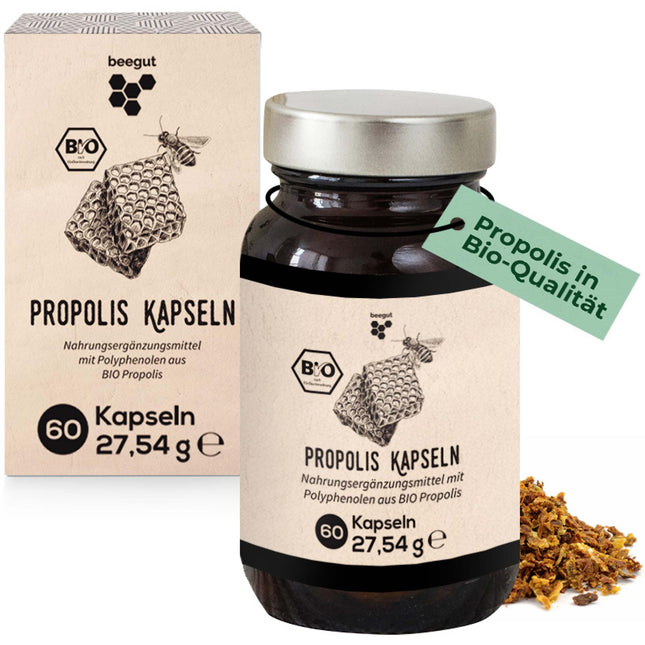 beegut ORGANIC Propolis Capsules, 60 capsules in a vegetable capsule shell with ORGANIC Propolis extract, sustainable packaging