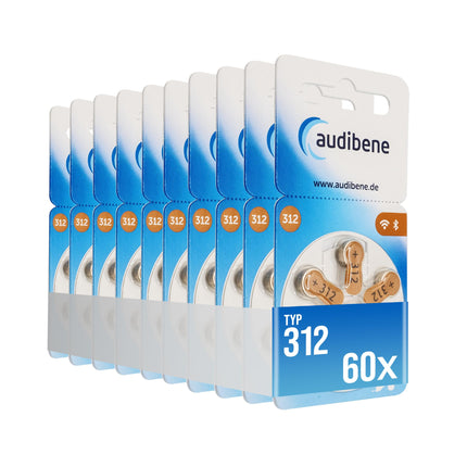 audibene hearing aid batteries type 312 brown, batteries for hearing aids, 60-pack, Made in Germany, including FREE cleaning cloth, Wireless Approved, mercury-free