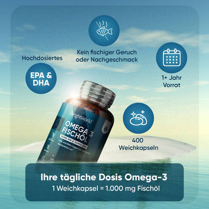Omega 3 - 400 Capsules 1+ Year Supply - 1000mg Fish Oil per Day - Essential Omega 3 Fatty Acids with EPA &amp; DHA - For Heart, Brain &amp; Blood Pressure (EFSA) - Natural Fish Oil from Anchovies - WeightWorld