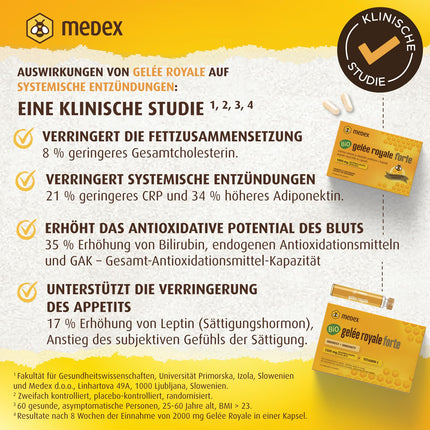 Medex Organic Royal Jelly FORTE, extra strong with 1500 mg royal jelly, liquid in easy-to-open ampoules, with natural vitamin C, from organic farming, 10 x 9 ml