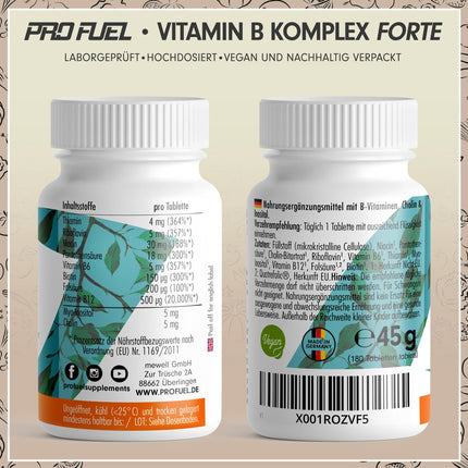 High-dose vitamin B complex - 180 tablets - all 8 B vitamins (B1, B2, B3, B5, B6, B7, B9, B12) + co-factors choline &amp; myo-inositol - laboratory-tested with certificate - vegan - 6-month supply