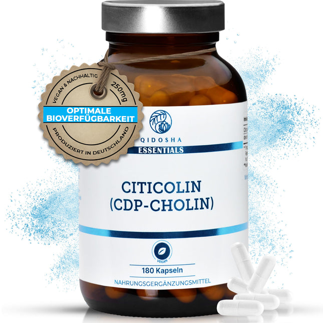 QIDOSHA® CDP Choline (Citicoline) Capsules, 180 Capsules in a Pharmacy Glass, Full 250mg Citicoline/CDP Choline per Capsule, Vegan, Laboratory Tested, German Production, Citicoline CDP Choline 250mg