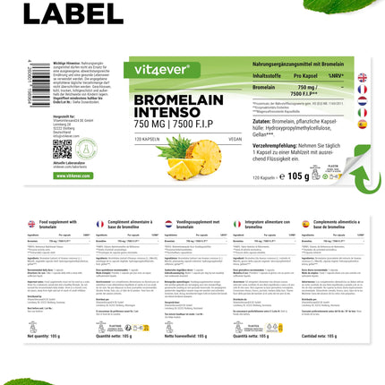 Bromelain Intenso - 750 mg (7500 FIP) - 120 gastro-resistant capsules - Extra high dosage - Natural pineapple extract - Vegan