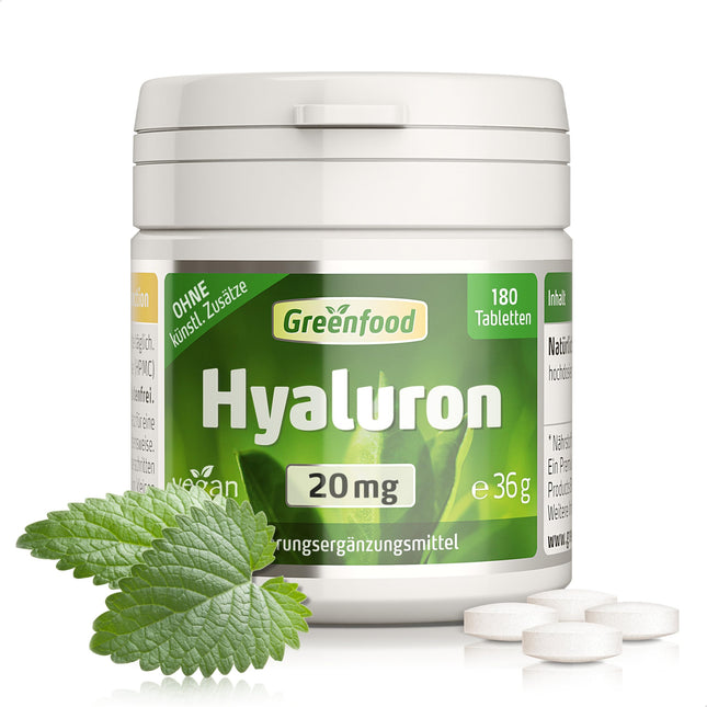 Hyaluronic acid, high-dose, 20 mg - 180 tablets, vegan. Pure hyaluronic acid - obtained through natural fermentation. No artificial additives - laboratory-tested. From Greenfood.