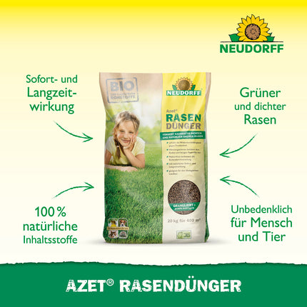 Neudorff Azet Lawn Fertilizer – Organic lawn fertilizer for 400 m² ensures a dense, green, and durable lawn with 6 months of long-term effectiveness, 20 kg, Brown