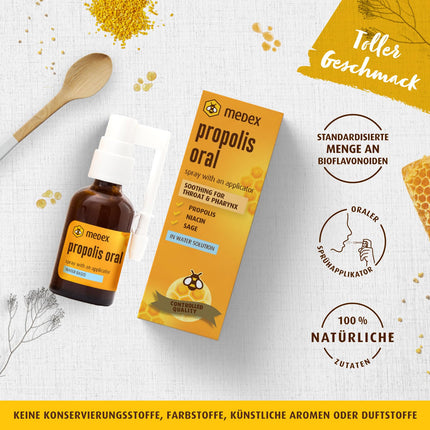 Medex Propolis Oral, propolis spray, mouth and throat spray, water-based, alcohol-free; with honey, sage, niacin, echinacea, standardized bioflavonoids, with applicator, 30 ml