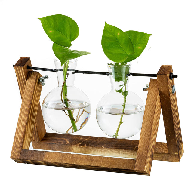 Propagation Station For Plants Upgrade Bulb Vase Planter With Wooden Stand Glass Flower Pot Indoor For Table Decoration Vintage Home Office Accessories, 2 Bulbs