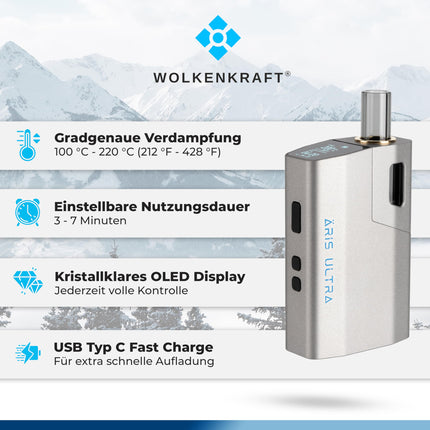 WOLKENKRAFT ÄRiS ULTRA Premium Vaporizer - USB-C | Titanium Chamber | Temperature 100-220 °C | Operating Timer 3-7 Min. | ECA Convection Technology *Gun Metal*