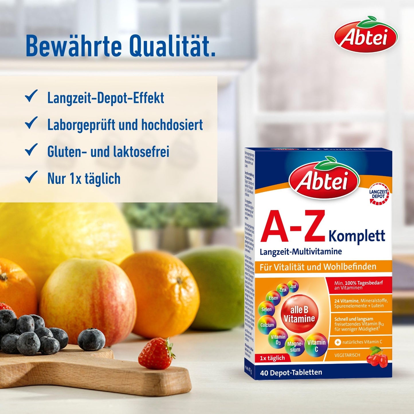 Abtei A-Z Komplett Langzeit-Multivitamine - 24 Vitamine und Mineralstoffe - hochdosiert, vegetarisch - 40 Depot-Tabletten