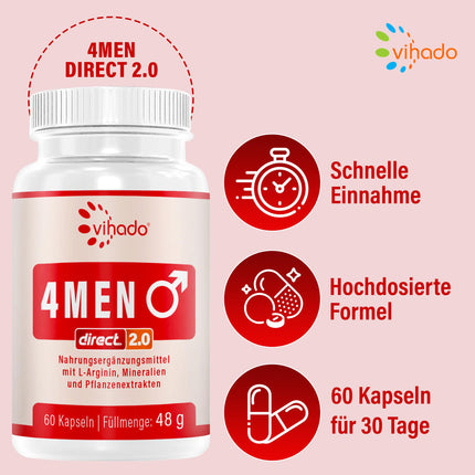 Vihado 4MEN direct 2.0 - Men's Capsules Extra Strength - IMMEDIATE high-dose formula - with L-Arginine, Maca, Tribulus Terrestris, Ginseng, 60 Capsules