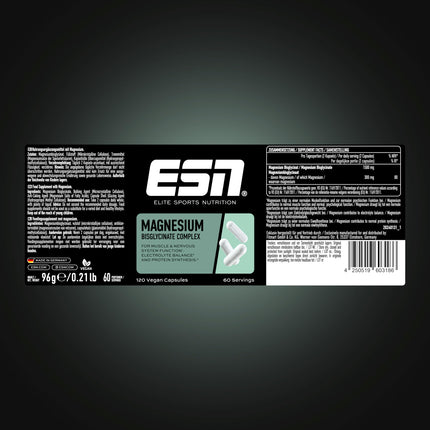 ESN Magnesium Capsules, 120 Capsules, 300 mg Magnesium per Daily Serving - Magnesium bisglycinate capsules, Energy support, high bioavailability - Made in Germany