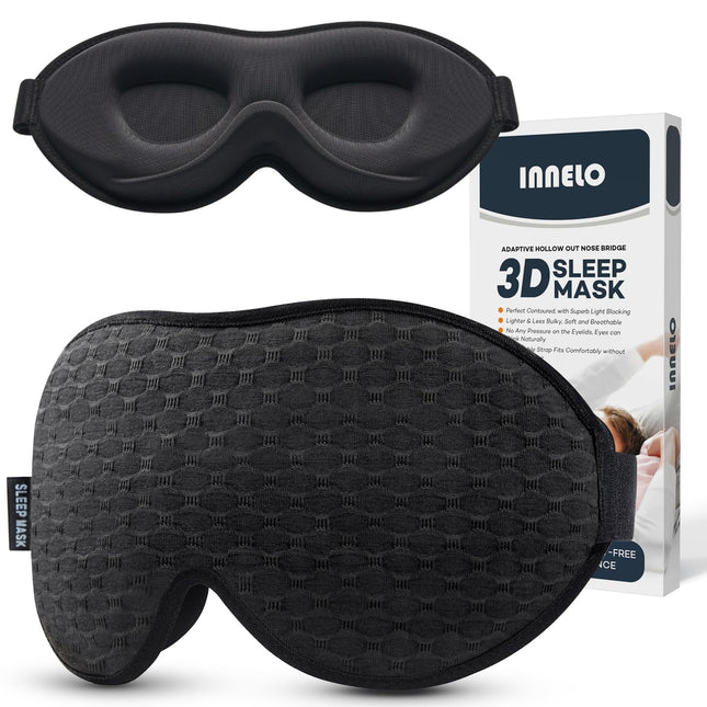 INNELO Sleep Mask for Men and Women, 2024 Comfortable Breathable 3D Eye Mask with Deep Eye Sockets and Raised Nose Pads, 100% Light-Blocking Sleep Mask with Memory Foam for Travel, Black