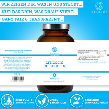 QIDOSHA® CDP Choline (Citicoline) Capsules, 180 Capsules in a Pharmacy Glass, Full 250mg Citicoline/CDP Choline per Capsule, Vegan, Laboratory Tested, German Production, Citicoline CDP Choline 250mg