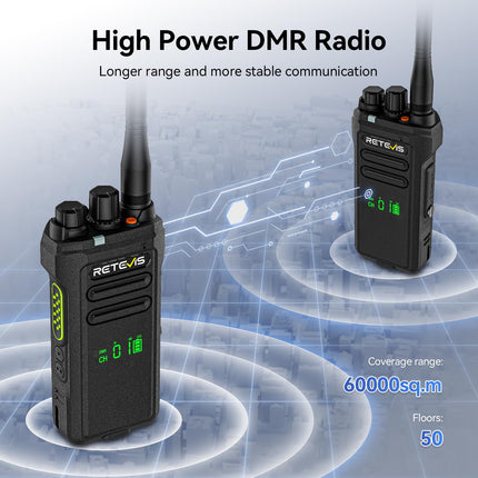 Retevis NR30D Long Range Walkie Talkies, DMR Two-Way Radios, Next-Gen Noise Cancellation, IP67, 2800 mAh, Compatible with Moto AES256 for Hotels (Black, 3 Pack)