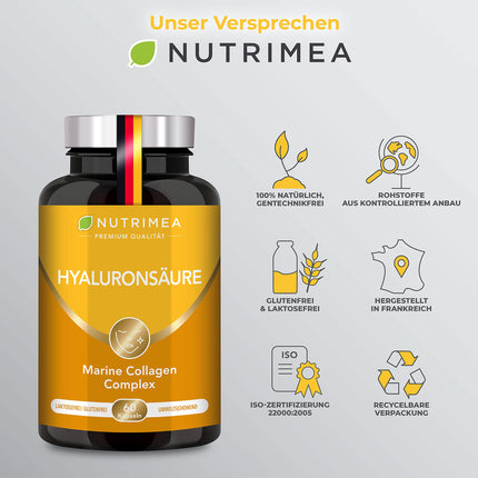 Hyaluronic Acid Collagen Complex | Premium Hyaluronic Acid Enriched with Vitamin C + Vitamin A | 60 High-Dose Capsules | For smooth skin, anti-aging &amp; joints