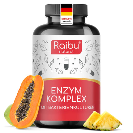 Digestive Enzymes, Enzyme Complex - Bromelain, Papain, Protease, Amylase, Lipase and Lactase - Bacterial Cultures &amp; Natural Calcium for Better Formula - 90 Enteric-Coated Capsules - Raibu