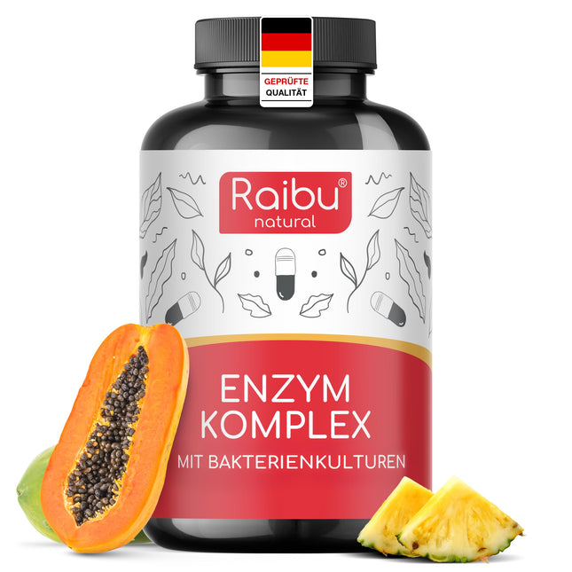 Digestive Enzymes, Enzyme Complex - Bromelain, Papain, Protease, Amylase, Lipase and Lactase - Bacterial Cultures &amp; Natural Calcium for Better Formula - 90 Enteric-Coated Capsules - Raibu