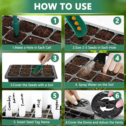 ZHHGOO Indoor Greenhouse Propagator, Mini Greenhouse Propagation Tray with High Lid, 10 Pieces 120 Cells Mini Greenhouse Propagation Set with 20 Labels, 3 Shovels, 2 Gardening Tools, 1 Pair of Gloves