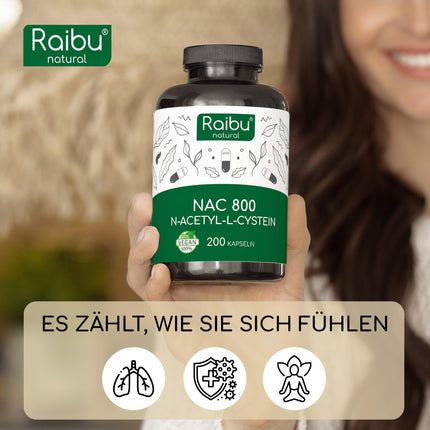 Raibu NAC 800 capsules high dosage (200 capsules x 800mg) | NAC Acetyl L-Cysteine ​​in best quality without additives produced in Germany