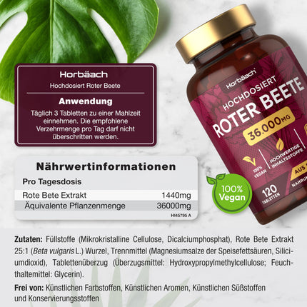 Beetroot Tablets High Dose 36,000mg | 120 Vegan Tablets | Beetroot Superfood | Beetroot Extract | Horbaach