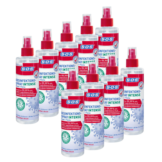 SOS Disinfectant Spray INTENSE for hands and surfaces | Eliminates 99.99% of bacteria, fungi, and viruses* (e.g., herpes, flu, and noroviruses) | Extended spectrum of activity** | 9 x 250ml
