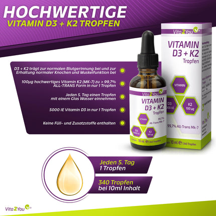 Vita2You Vitamin D3 + K2 Drops - Vitamin D3 5000 IU - Vitamin K2 100µg per drop - K2VITAL - MK-7 - 99.7% All-Trans - MCT Oil - Premium Quality - Made in Germany