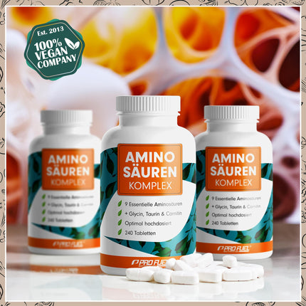 High-dose amino acid complex - 240 tablets - 6,000 mg amino acids per day - 9 essential amino acids + 3 co-factors: taurine, carnitine &amp; glycine - laboratory-tested with certificate - 100% vegan