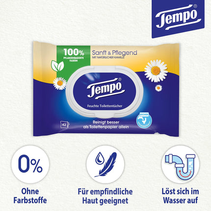 Tempo Moist Toilet Wipes "Gentle &amp; Caring" - Megapack - 16 packs with 42 wipes each - Duo Packs - with natural chamomile - Toilet paper, dermatologically tested &amp; pH skin-neutral