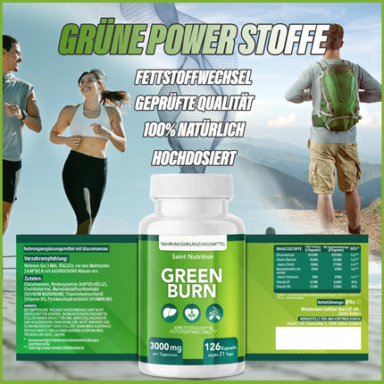 GREEN BURN® Appetite Suppressant Capsules – Extremely High Dose with Glucomannan, Choline, Vitamins B1 + B6 – Dietary Supplement for Women &amp; Men – Support for Weight Loss &amp; Metabolism – Fast &amp; Strong