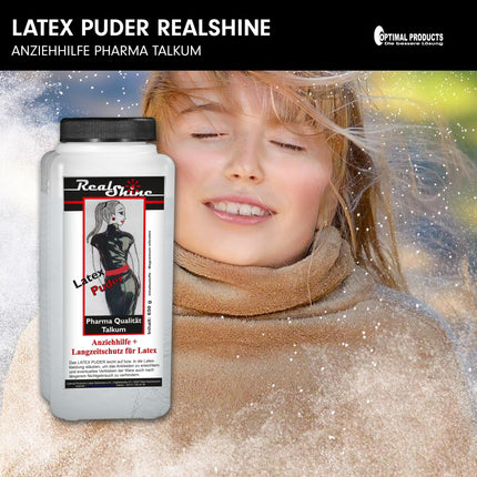 Optimal Products Latex Powder REALSHINE 650 g I white talcum powder suitable as a dressing aid for latex clothing, latex gloves and their storage I odorless pharmaceutical quality talc antistatic