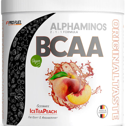 BCAA Powder 300g ICED TEA PEACH - Alphaminos BCAA 2:1:1 Drink with 8000 mg BCAA - incredibly delicious taste, essential amino acids (EAA) leucine, isoleucine &amp; valine - 100% vegan and laboratory tested