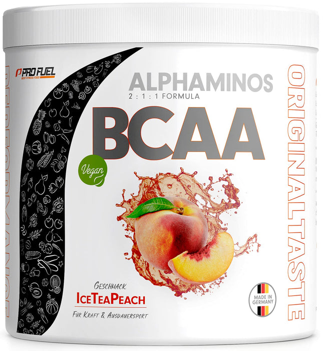 BCAA Powder 300g ICED TEA PEACH - Alphaminos BCAA 2:1:1 Drink with 8000 mg BCAA - incredibly delicious taste, essential amino acids (EAA) leucine, isoleucine &amp; valine - 100% vegan and laboratory tested