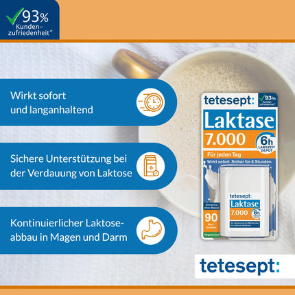 tetesept Lactase 7,000 – Lactase tablets for lactose intolerance – Dietary supplement with immediate effect &amp; 5h long-term depot – 1 can of 90 tablets