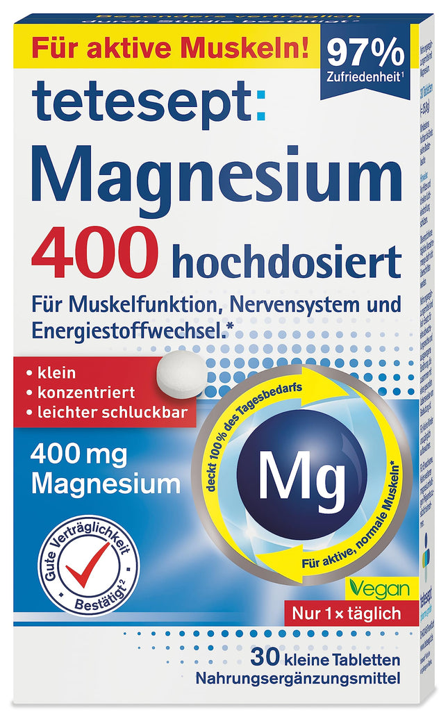 tetesept Magnesium 400 high-dose - 1 x 30 tablets - Dietary supplement with magnesium – easy-to-swallow magnesium tablets for active, normal muscles*