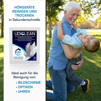 200 individually wrapped pre-moistened Udiclean cleaning wipes for hearing aids and cochlear implants. Fast-drying wipes remove grease, sweat, and dirt.
