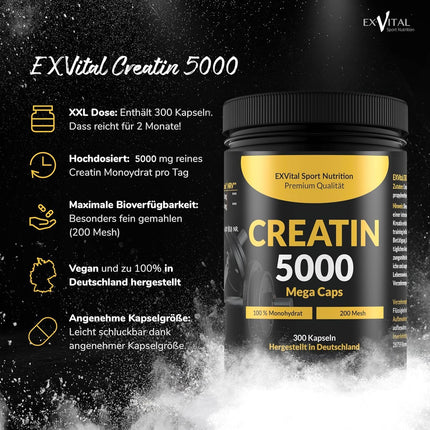 Creatine 5000 Mega Capsules, 5000 mg creatine monohydrate per daily dose, 300 vegan capsules, 100% pure with mesh factor 200 - Vegan &amp; laboratory tested