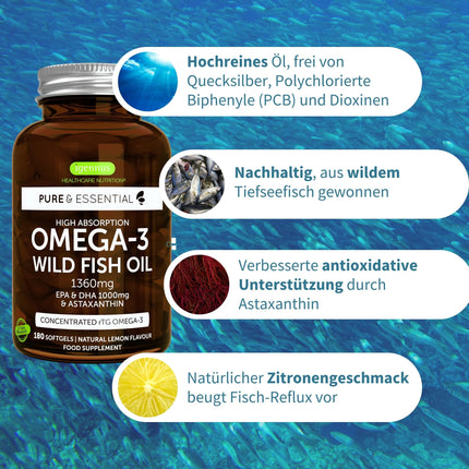 Igennus Highest Quality Omega-3 Wild Fish Oil &amp; Astaxanthin, Triglyceride Form rTG, 1360mg, EPA 670mg &amp; DHA 330mg Omega-3 Fatty Acids, Ultra Pure; Free from Environmental Toxins, Lemon Flavor, 180 Softgels